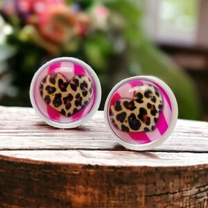 Pink Leopard Heart White Stud Earrings Nickel Free Y2K Stainless Steel Posts